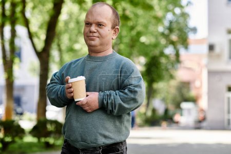 Ein Mann mit Inklusivität genießt einen Kaffee an einem sonnigen Tag in einem Stadtpark.