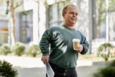 Un hombre con inclusividad camina por una calle de la ciudad, llevando una taza de café y un documento doblado.
