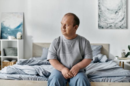 A man with inclusivity sits on the edge of a bed in a bedroom, looking thoughtful.