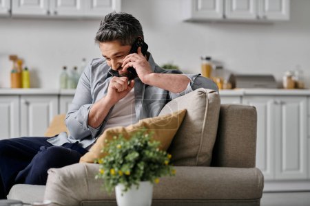 A bearded man in casual attire sits on a couch and talks on the phone while working remotely from home.