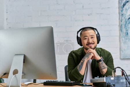 Un hombre asiático guapo, con auriculares, se sienta en un estudio, rodeado de instrumentos musicales.