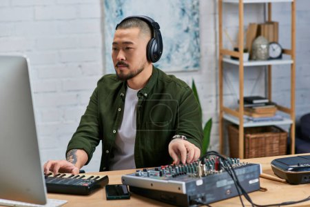 A handsome Asian man wearing headphones, works on music in his studio, playing a keyboard and a mixing board.