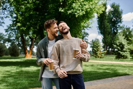 A bearded gay couple laughs and enjoys a sunny afternoon in the park.