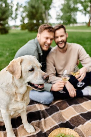 A bearded gay couple enjoys a picnic with their labrador dog in a green park.