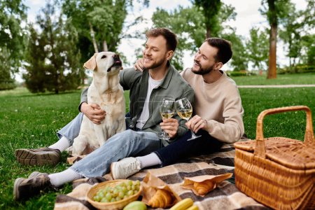 Ein schwules Paar genießt mit seinem Labrador Retriever ein entspanntes Picknick in einem Park.