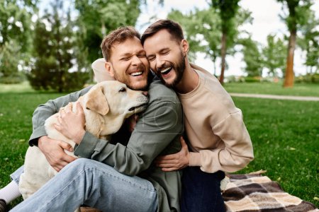 A bearded gay couple shares a laugh with their labrador dog while enjoying a picnic in a green park.