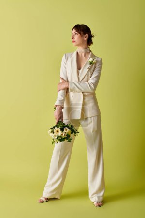 A bride in a white suit holds a bouquet of flowers and looks off to the side.