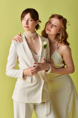 A young lesbian couple in white attire, embracing during their wedding ceremony.