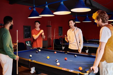 Friends gather around a pool table, laughing and enjoying a casual game of billiards.