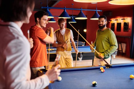 Friends enjoy a casual game of billiards in a stylish lounge.