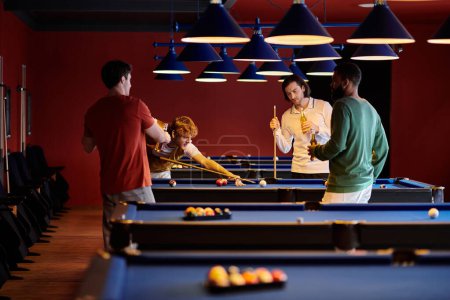 Friends gather around a pool table, enjoying a game and drinks in a casual setting.