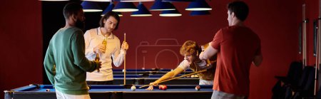Friends play pool together in a dimly lit pool hall, laughing and enjoying their game.