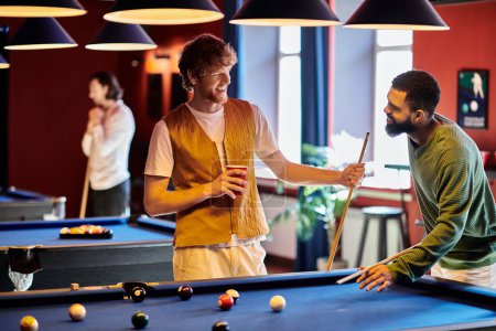 Friends play a game of billiards in a casual setting.