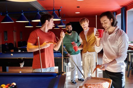Friends enjoy a casual night out playing billiards and eating pizza.