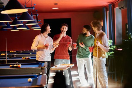 Friends casually hang out in a billiards hall, enjoying drinks and snacks.