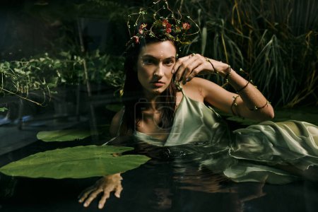 A woman wearing a floral crown and green dress poses in a swamp.