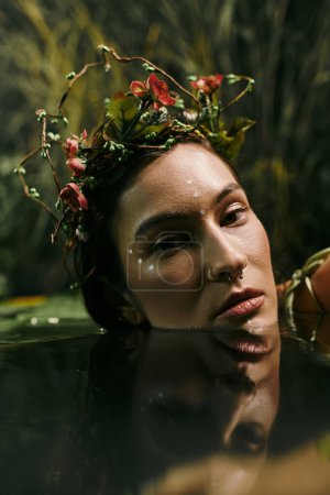 Eine Frau mit Blumenkrone posiert teilweise in einem Sumpf.