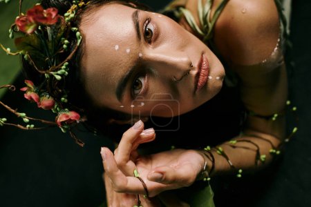 Portrait captivant d'une femme ornée d'accents floraux, posée près d'un marais.