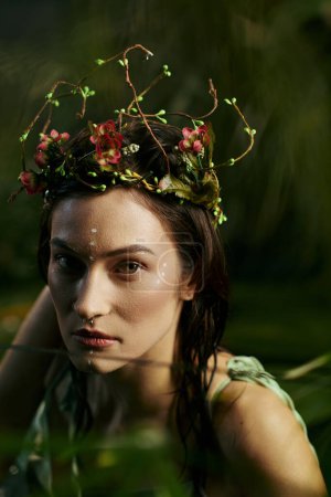 A woman poses in a natural setting, wearing a floral crown.