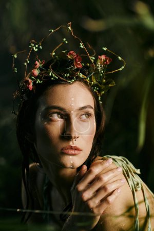 A woman adorned with a floral crown gazes wistfully into the depths of a swamp.