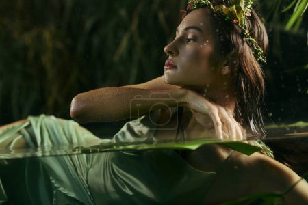 A woman in flowing green attire poses in a swampy area, surrounded by lush greenery.