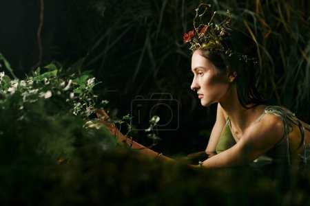 Una mujer con una corona floral posa cerca de un pantano, con la mano extendida hacia la exuberante vegetación.