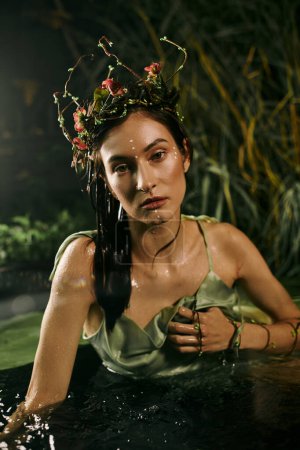 Mujer en vestido elegante se levanta de pantano oscuro con corona de flores, mirando al espectador.