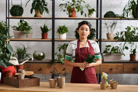 Eine schöne Asiatin in Schürze steht in ihrem Pflanzenladen und zeigt ihre Liebe zu Grün und Unternehmertum.