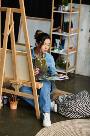 Eine junge Asiatin sitzt in ihrer Werkstatt und konzentriert sich auf die Malerei mit Pinsel und Palette.