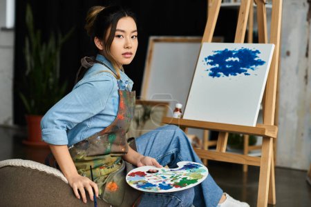 An Asian artist, dressed in a denim shirt and apron, sits in her workshop with a paint palette in her hands, taking a break from her art.