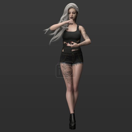 3D Rendering Illustration der schönen Hot Urban Fantasy Hexe Frau mit zerrissenem Hemd und Shorts mit Tätowierungen und langen silbergrauen Haaren isoliert auf dunklem Hintergrund