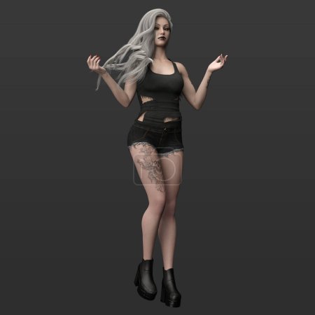 Téléchargez les photos : Illustration de rendu 3D de belle femme sorcière de fantaisie urbaine chaude avec chemise déchiré et shorts avec tatouages et longs cheveux gris argenté isolés sur fond sombre - en image libre de droit