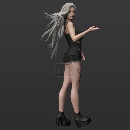 Téléchargez les photos : Illustration de rendu 3D de belle femme sorcière de fantaisie urbaine chaude avec chemise déchiré et shorts avec tatouages et longs cheveux gris argenté isolés sur fond sombre - en image libre de droit