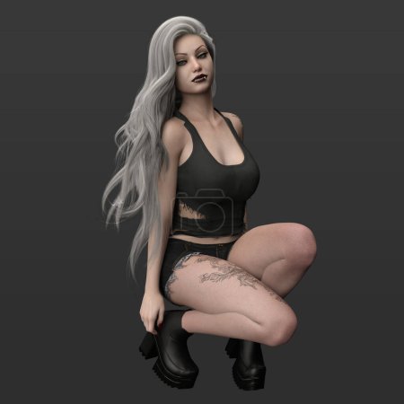 3D Rendering Illustration der schönen Hot Urban Fantasy Hexe Frau mit zerrissenem Hemd und Shorts mit Tätowierungen und langen silbergrauen Haaren isoliert auf dunklem Hintergrund