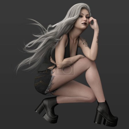 3D Rendering Illustration of Beautiful Hot Urban Fantasy Witch Woman with Torn Shirt and Shorts with Tattoos and Long Silver Grey Hair Isolated on Dark Background