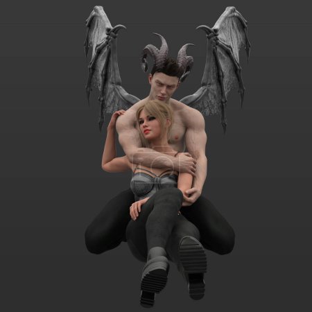 Photo for 3D Rendering Illustration of Urban Fantasy Woman in Black Leather Crop Top and Black Jeans Embracing Fantasy Demon Shirtless Man with Leather Wings and Demon Horns Isolated on Dark Background - Royalty Free Image