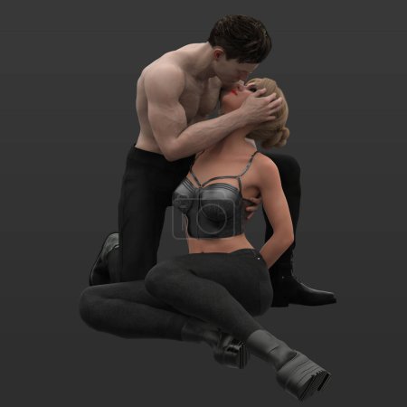 Photo for 3D Rendering Illustration of Urban Fantasy Woman in Black Leather Crop Top and Black Jeans Embracing Fantasy Demon Shirtless Man Isolated on Dark Background - Royalty Free Image