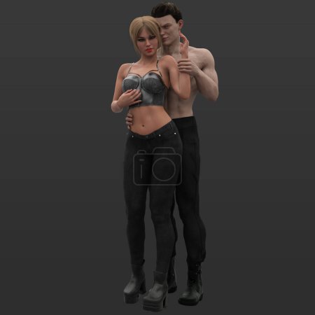Photo for 3D Rendering Illustration of Urban Fantasy Woman in Black Leather Crop Top and Black Jeans Embracing Fantasy Demon Shirtless Man Isolated on Dark Background - Royalty Free Image