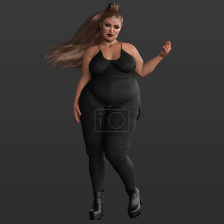 Illustration de rendu 3D de beau modèle sexy de fantaisie urbaine incurvée de grande taille dans des vêtements serrés noirs isolés sur fond sombre