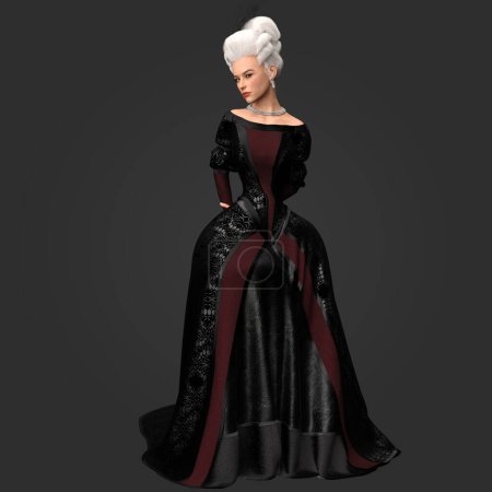 3D Rendering Illustration of Beautiful Gorgeous Regency Victorian Fantasy Woman in Black and Red Gown with White Powdered Wig Isolated on Dark Background