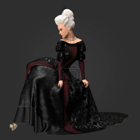 3D Rendering Illustration of Beautiful Gorgeous Regency Victorian Fantasy Woman in Black and Red Gown with White Powdered Wig Isolated on Dark Background