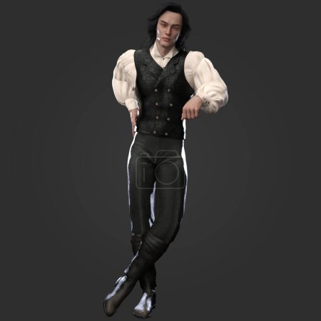 3D Rendering Illustration of Handsome Regency Victorian Historical Man Wearing Black and White Victorian Suit with Long Hair Posing Isolated on Dark Background