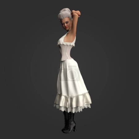 Illustration rendue 3D de magnifique modèle victorien sexy de régence victorienne avec perruque en poudre blanche et chemise blanche et tenue historique Corset et chaussures isolés 