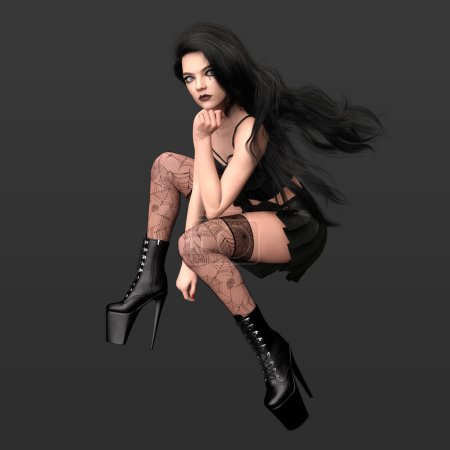 Representación 3D del hermoso modelo de mujer de fantasía urbana gótica con el pelo largo y oscuro de rodillas y medias de rejilla y traje negro aislado sobre fondo oscuro