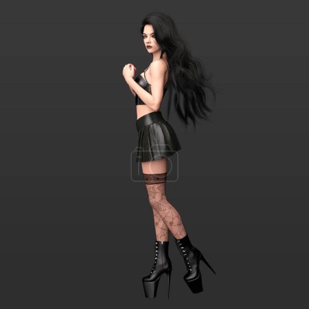 3D-Rendering der schönen Gothic Urban Fantasy Frau Modell mit langen dunklen Haaren in einer magischen Pose und Netzstrümpfe und schwarzes Outfit Abkehr von der Kamera isoliert auf dunklem Hintergrund
