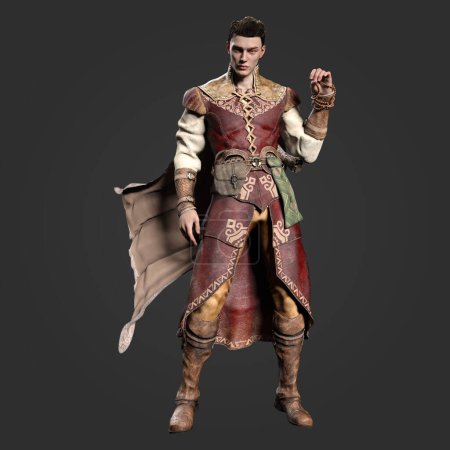 3D Rendering of Epic Fantasy Young Wizard Wearing Medieval Fantasy Tunic Clothes with Cape Casting Magic Isolated on Dark Background with Brown Hair