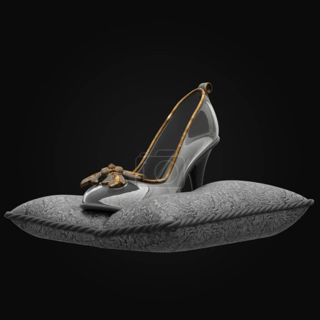 Representación 3D de la magnífica fantasía cristal talón zapatilla de cristal en la almohada barroca Vintage aislado sobre fondo oscuro