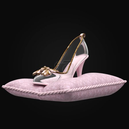 3D Rendering of Gorgeous Fantasy Glass Crystal Heel Slipper on Vintage Baroque Pillow Isolated on Dark Background
