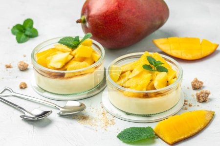dessert panna cotta with pieces of fresh mango on a light background. top view.