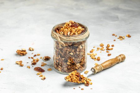 Photo for Bowl with granola on a light background. superfood concept. Healthy, clean eating. Vegan or gluten free diet. Long banner format. top view. - Royalty Free Image